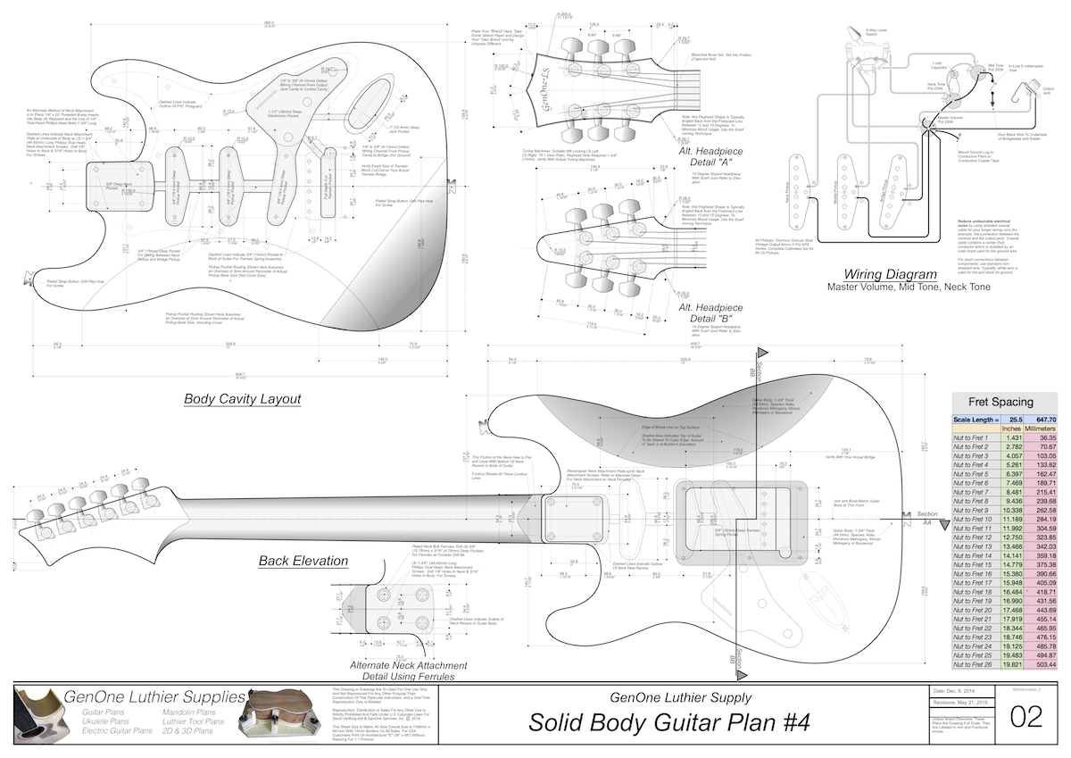 Solid Body Electric Guitar Plan #4 Guitar Top & Side View, Section