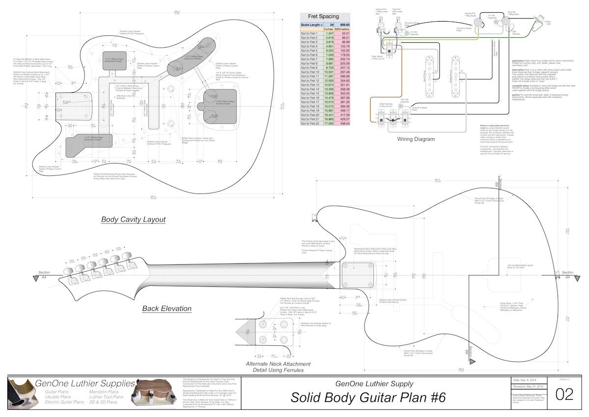 Solid Body Electric Guitar Plan #6 Guitar Top & Side View, Section