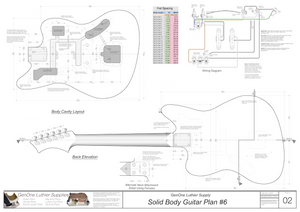 Solid Body Electric Guitar Plan #6 Guitar Back, Cutting Template & Wiring Diagram