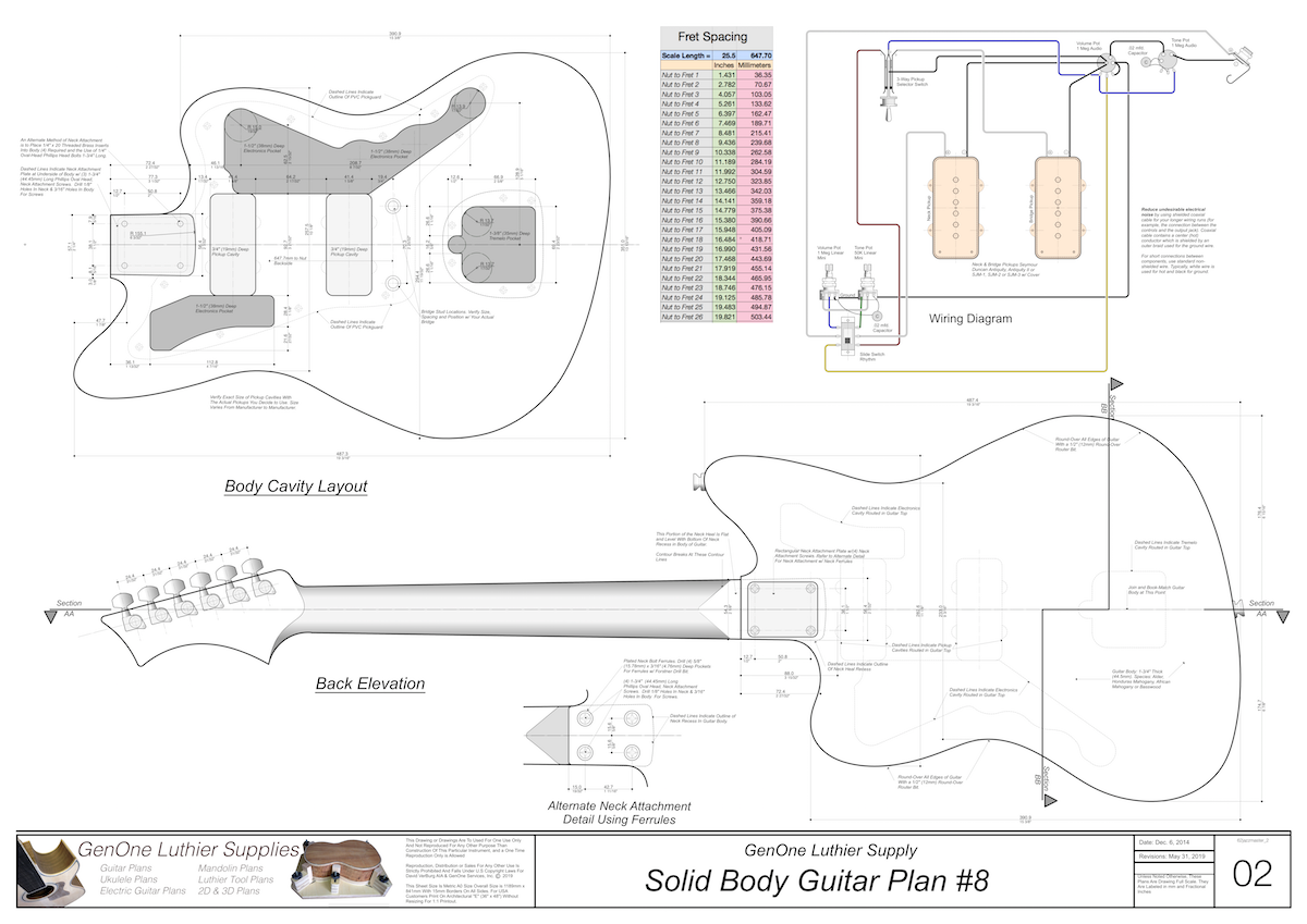 Solid Body Electric Guitar Plan #8 Guitar Top & Side View, Section