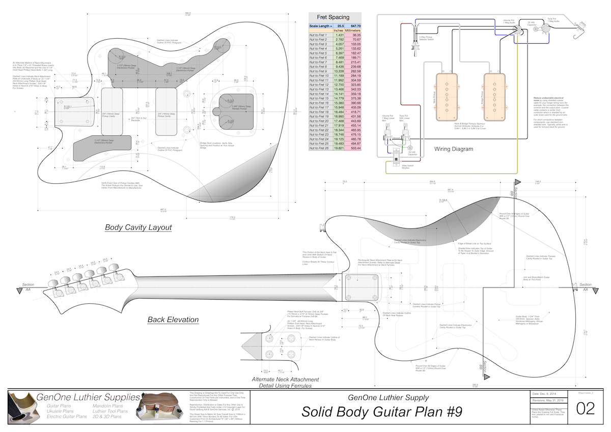 Solid Body Electric Guitar Plan #9 Guitar Top & Side View, Section