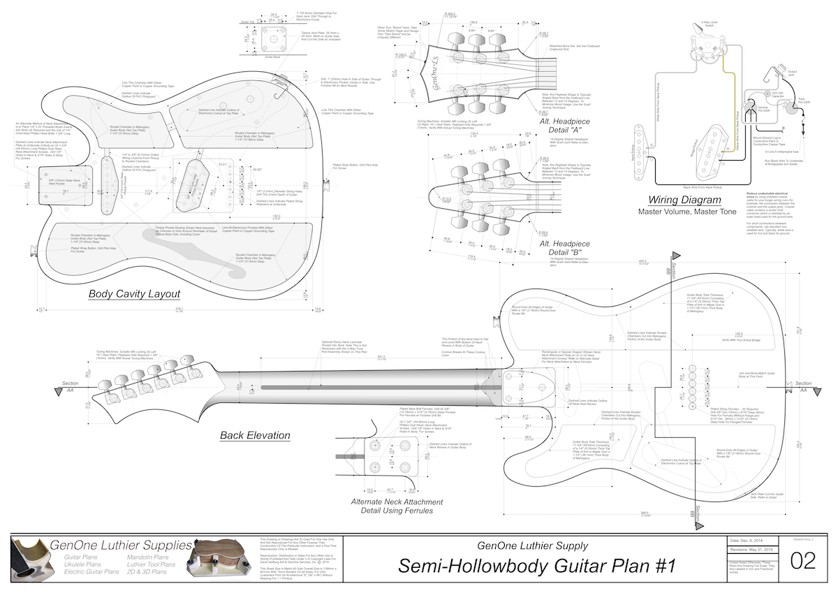 Hollow Body Electric Guitar Plan #1 Guitar top view, side view, lateral & longitudinal sections