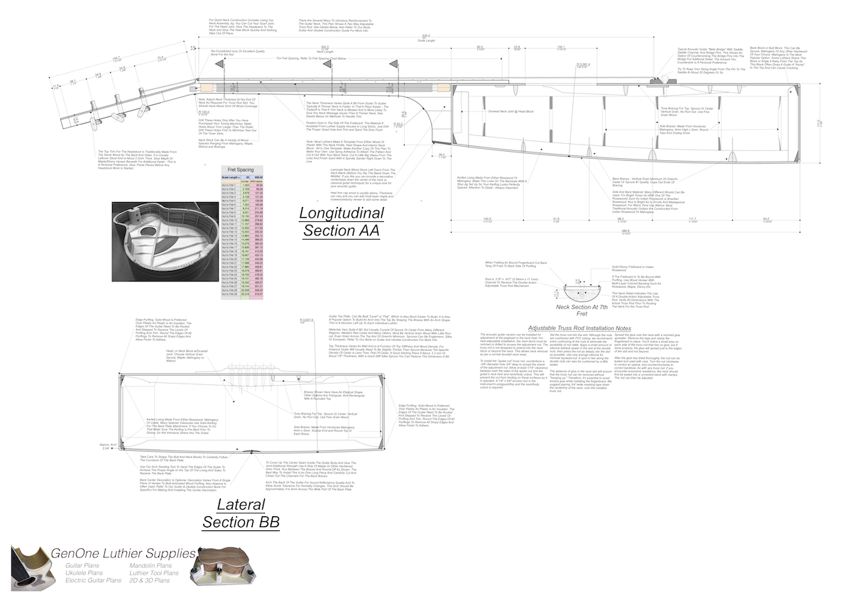 Gibson L-00 Guitar Plans Top View, Neck Sections & Purfling Details