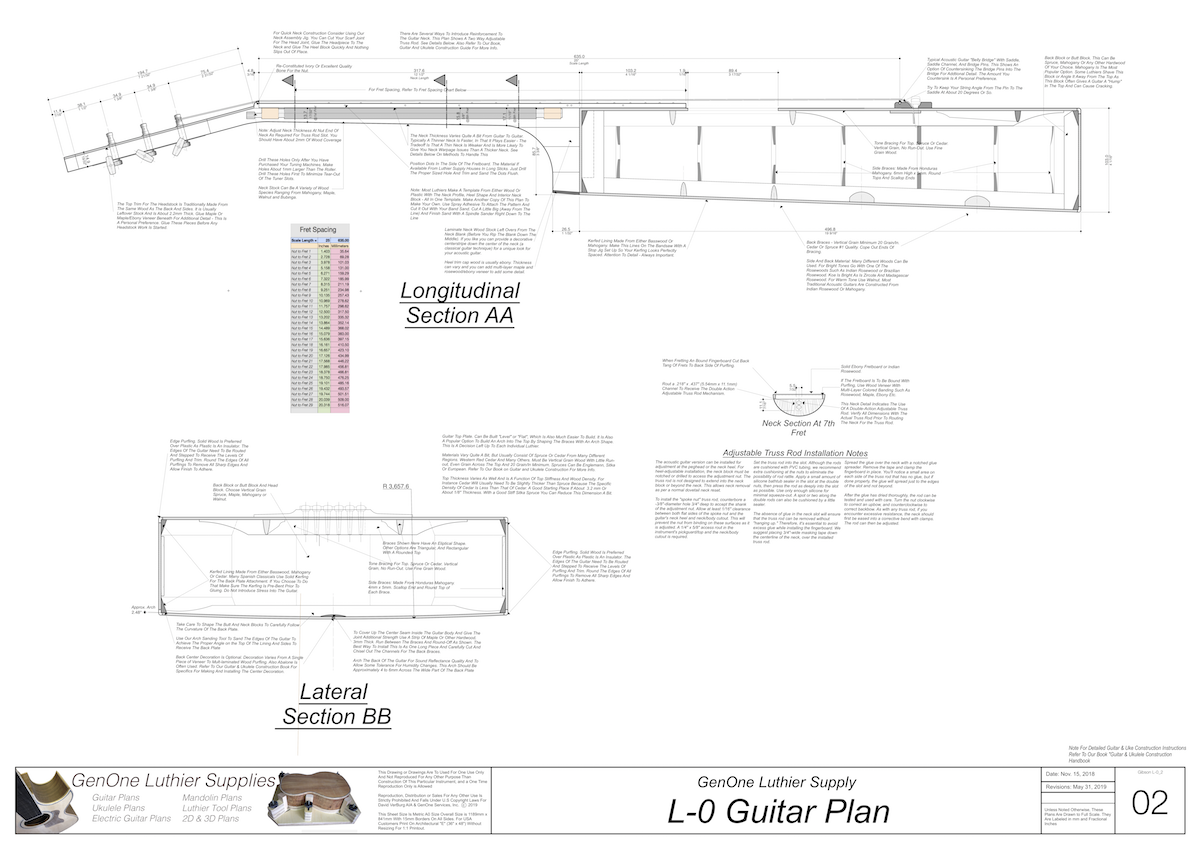 Gibson L-0 Guitar Plans Top View, Neck Sections & Purfling Details