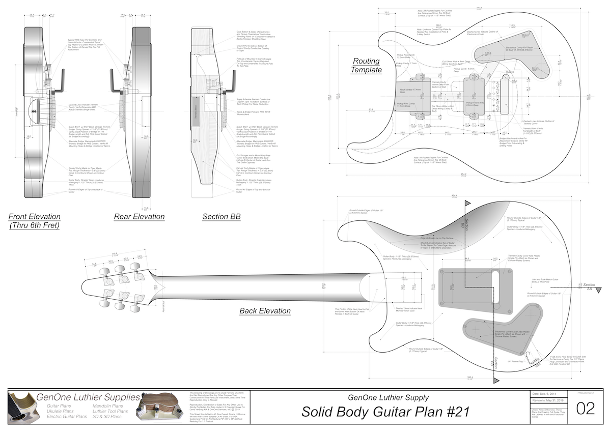 Solid Body Electric Guitar Plan #21, guitar top view, side view, longitudinal section, fret spacing table