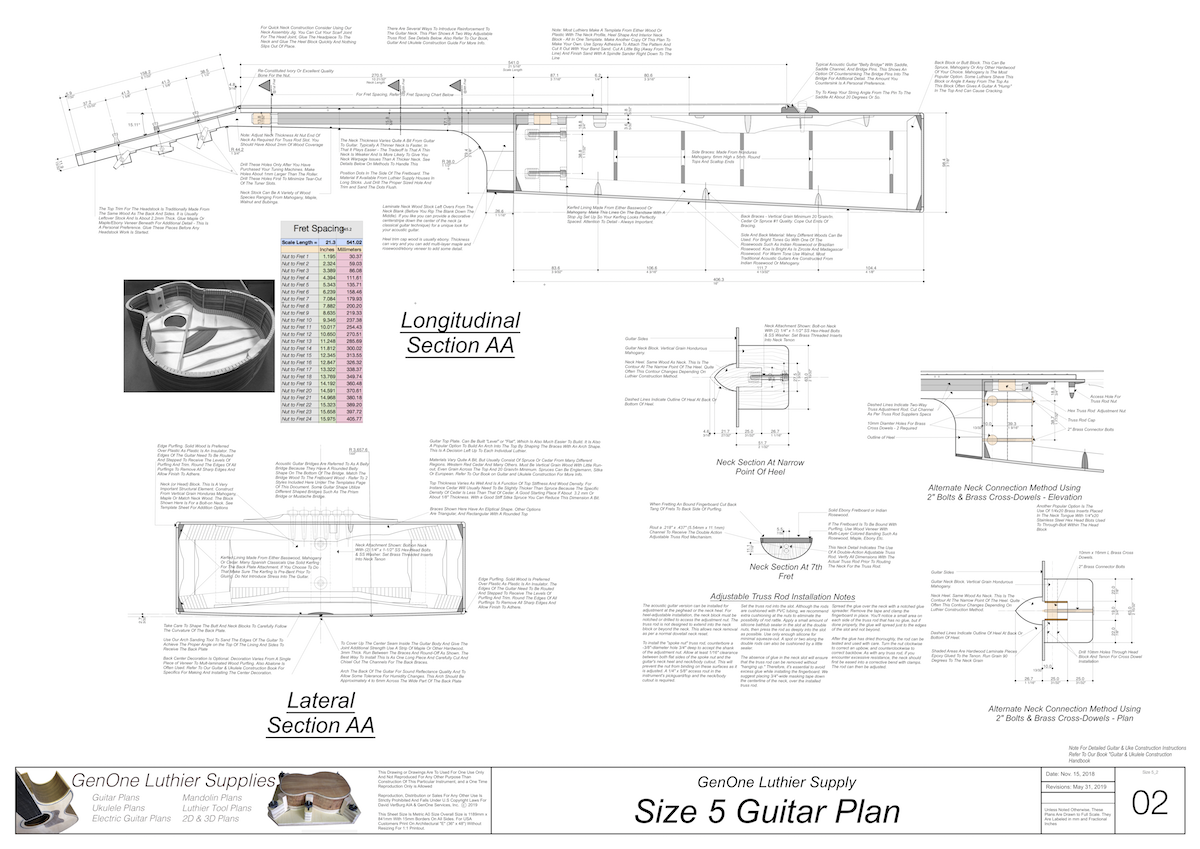 Size 5 Guitar Plans Top View, Neck Sections & Purfling Details