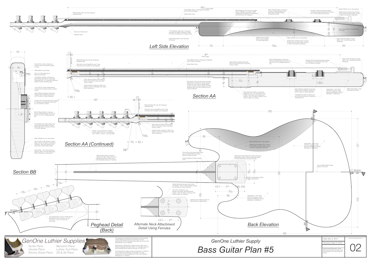 Solid Body Electric Bass Guitar Plan #5 Guitar top view, routing template, fret spacing template, wiring diagram