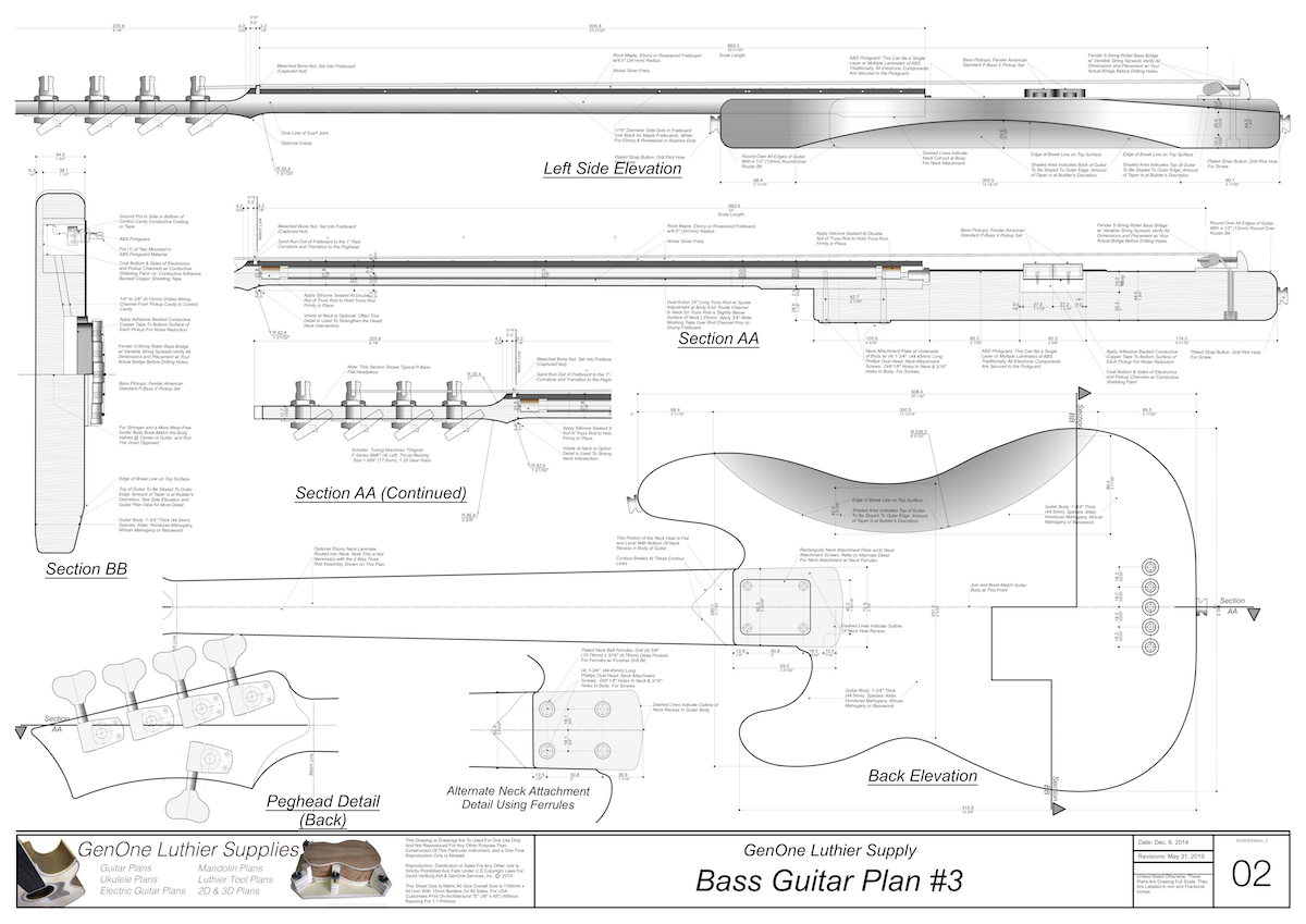 Solid Body Electric Bass Guitar Plan #2 guitar top view, cutting template, neck sections, wiring diagram, fret spacing table