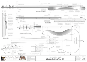 Solid Body Electric Bass Guitar Plan #3 guitar back & side view, latteral & longitudinal section