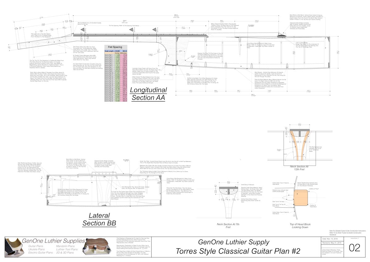 Classical Guitar Plans - Torres 2 Bracing  Top View, Neck Sections & Purfling Details