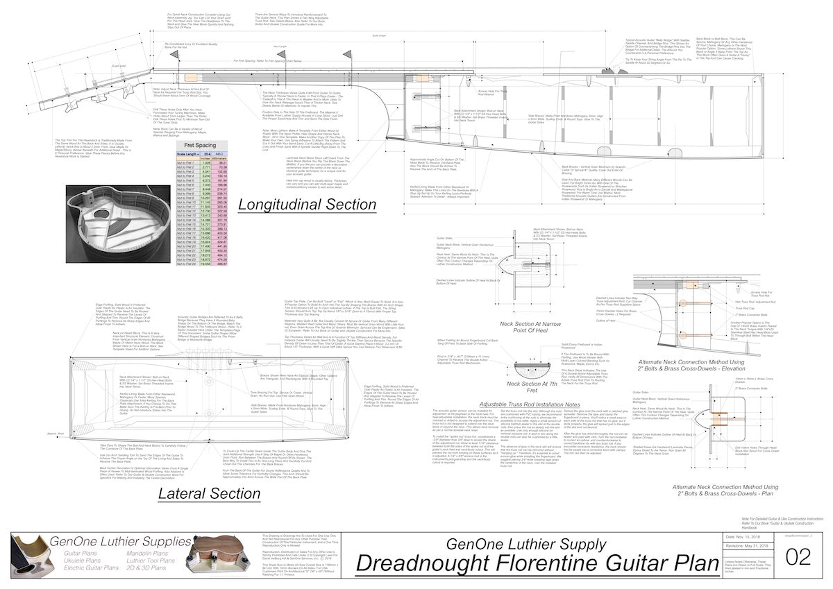 Dreadnought Florentine Guitar Plans Top View, Neck Sections & Purfling Details