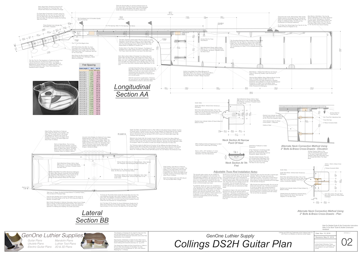 Collins DS2H Guitar Plans Top View, Neck Sections & Purfling Details