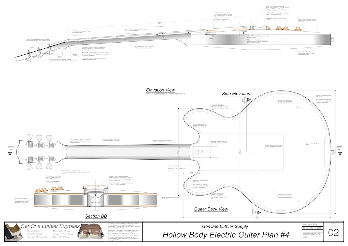 Hollow Body Electric Guitar Plan #4 Guitar top view, lateral & longitudinal sections, neck sections