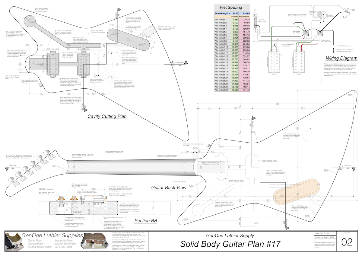 Solid Body Electric Guitar Plan #17 Guitar Top & Side View, Section