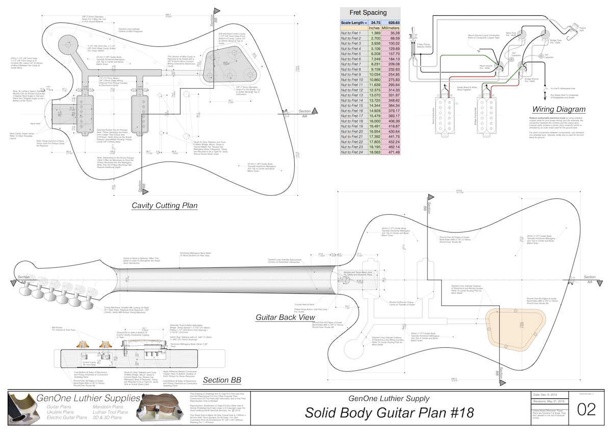 Solid Body Electric Guitar Plan #18 Guitar Top & Side View, Section