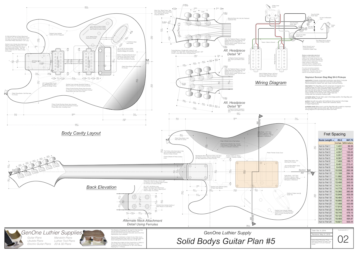 Solid Body Electric Guitar Plan #5 Guitar Top & Side View, Section