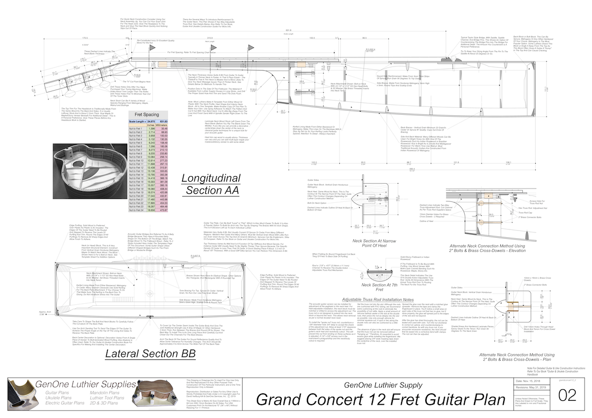 Grand Concert 12-Fret Guitar Plans Top View, Neck Sections & Purfling Details