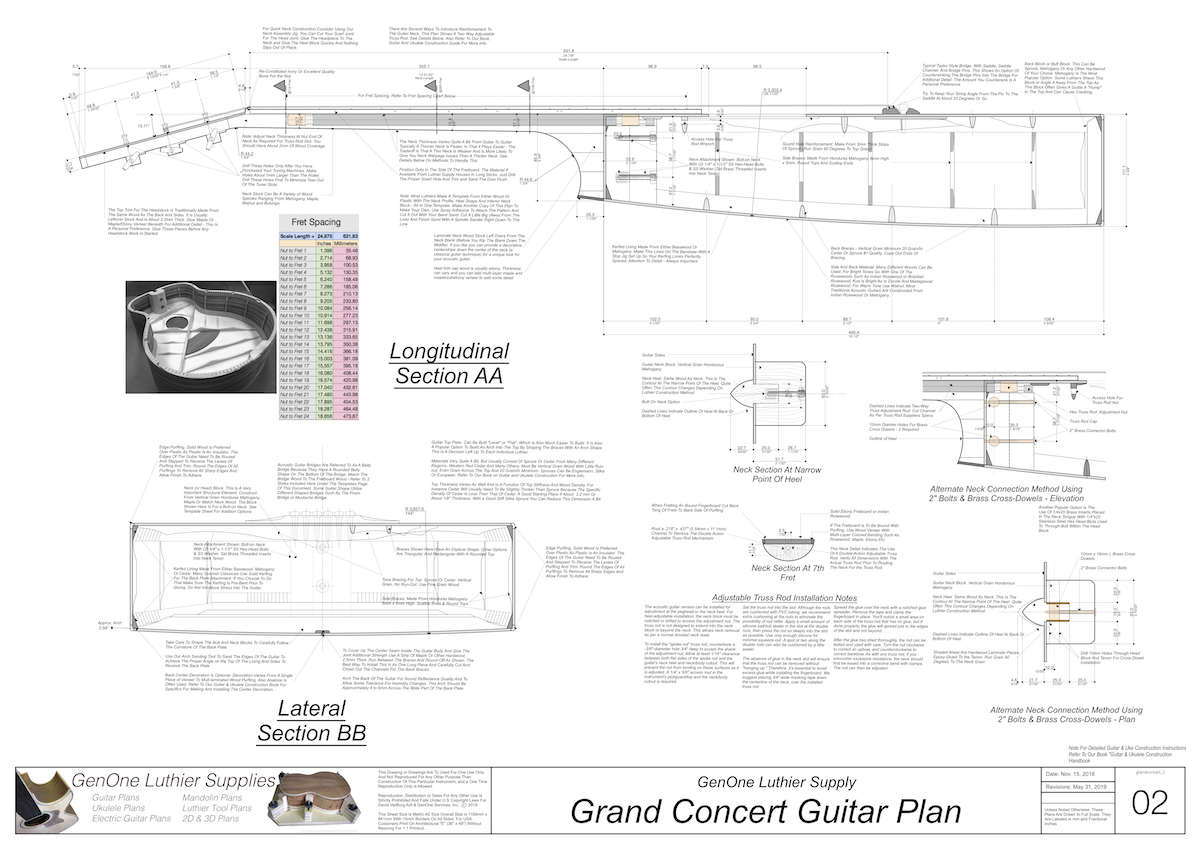 Grand Concert Guitar Plans Top View, Neck Sections & Purfling Details