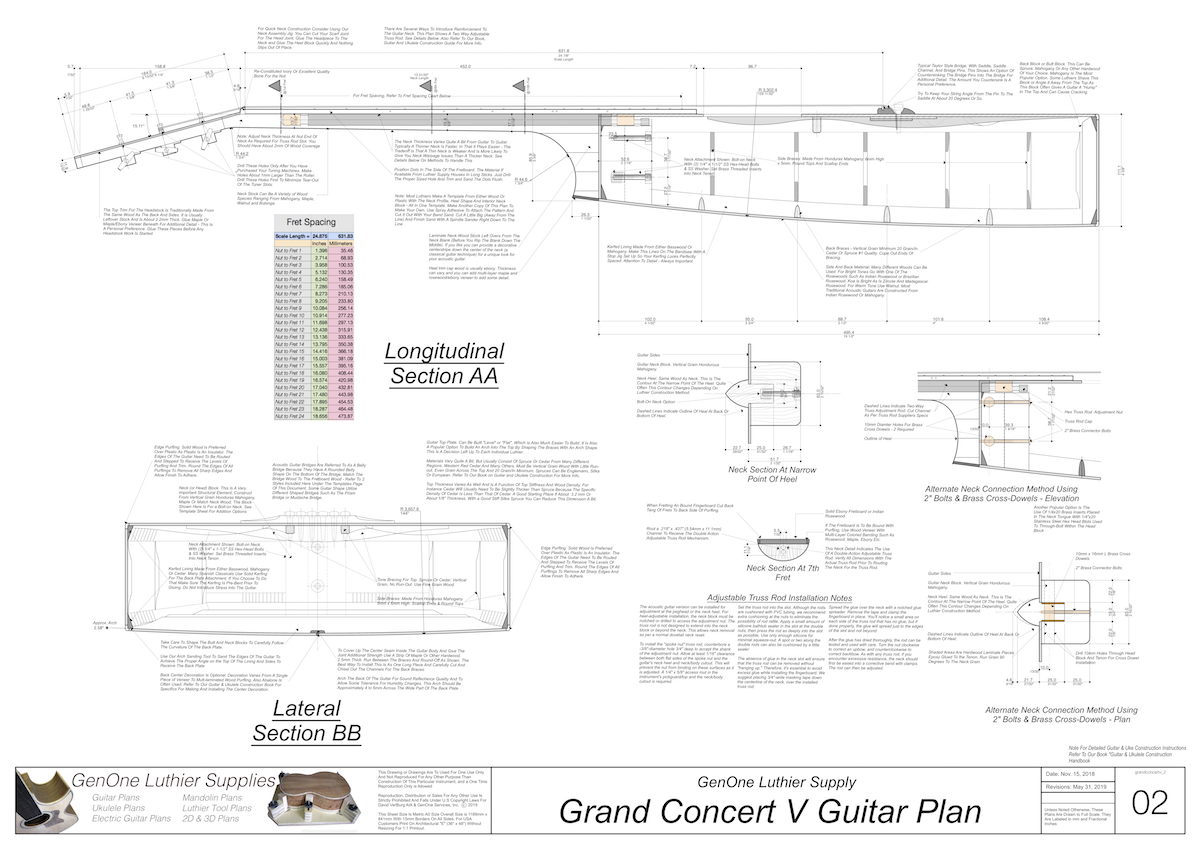 Grand Concert V Guitar Plans Top View, Neck Sections & Purfling Details
