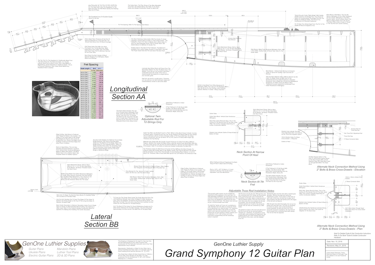 Grand Symphony 12-String Guitar Plan Top View, Neck Sections & Purfling Details