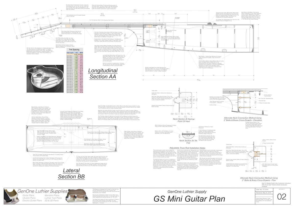 GS Mini Guitar Plans Top View, Neck Sections & Purfling Details