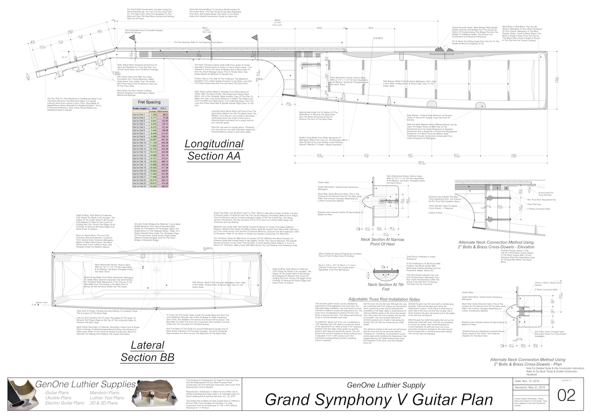 Grand Symphony V-Brace Guitar Plans Guitar Plans Top View, Neck Sections & Purfling Details