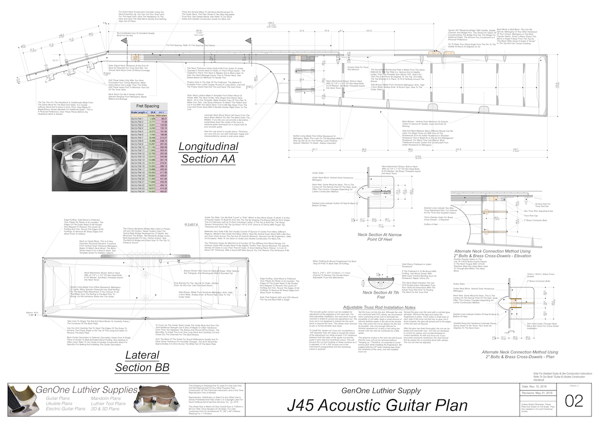 J45 Guitar Plans Top View, Neck Sections & Purfling Details