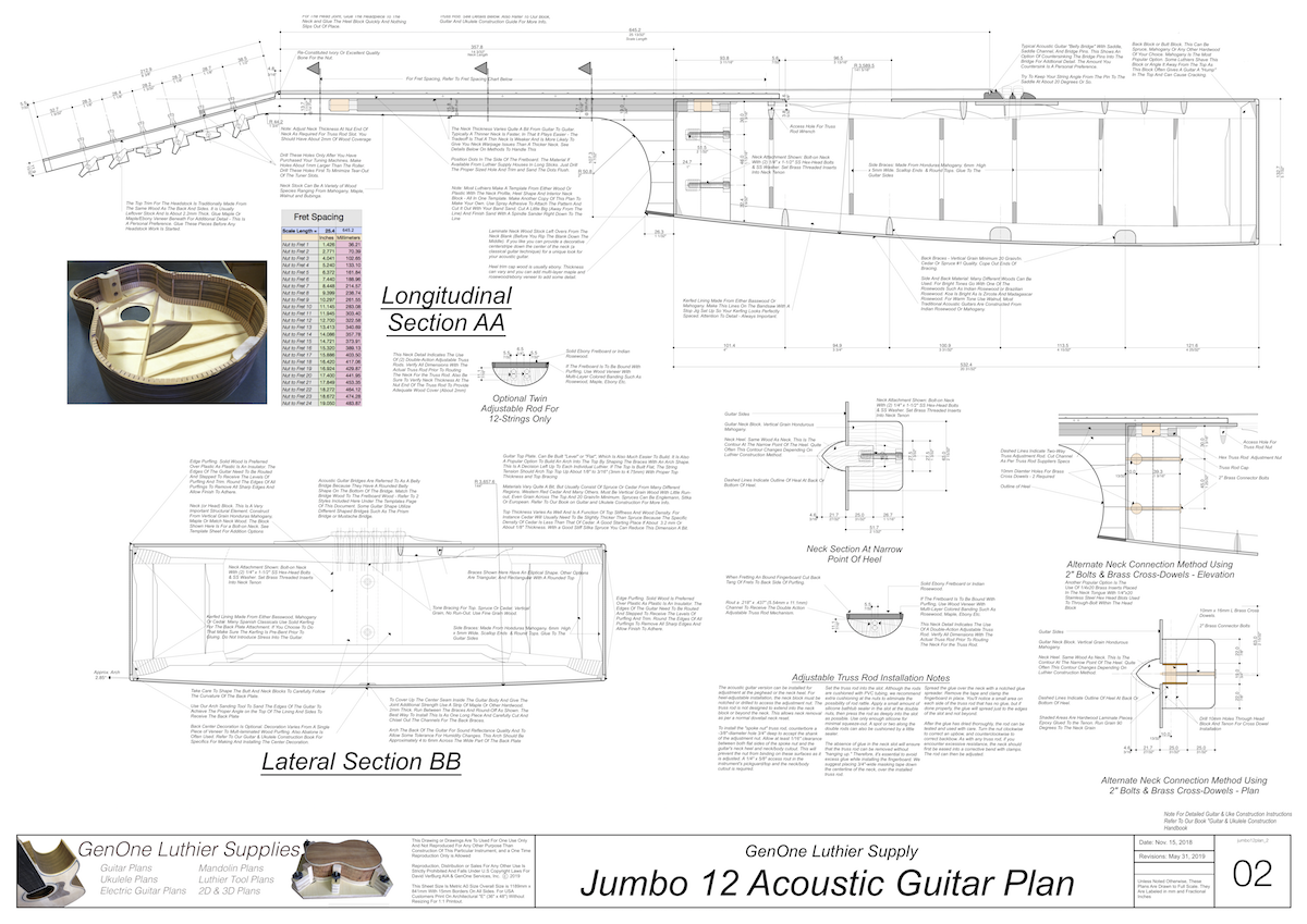 J-200 12-String Guitar Plans Guitar Plans Top View, Neck Sections & Purfling Details