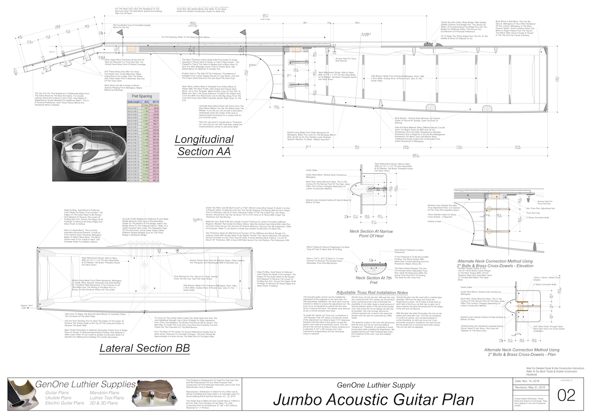 J-200 Guitar Plans Top View, Neck Sections & Purfling Details