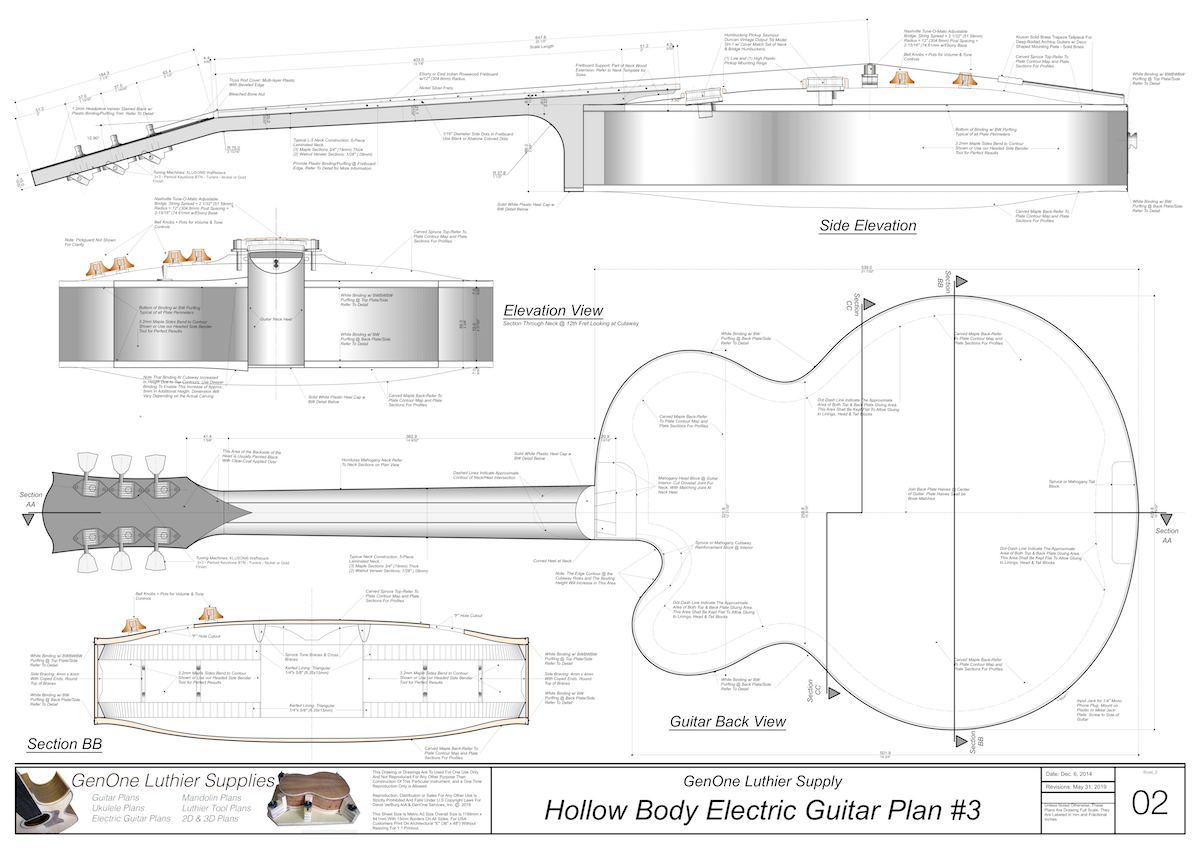 Hollow Body Electric Guitar Plan #3 Guitar top view, lateral & horizontal sections, neck sections