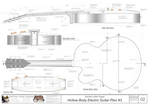 Hollow Body Electric Guitar Plan #3 Guitar back view, side view end view, section