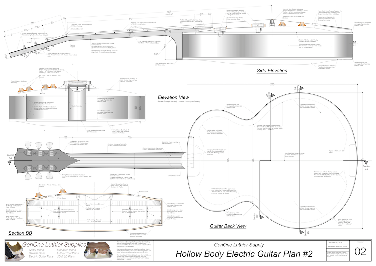 Hollow Body Electric Guitar Plan #2 Guitar back view, side view end view, section