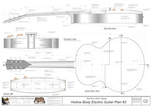 Hollow Body Electric Guitar Plan #2 Guitar back view, side view end view, section