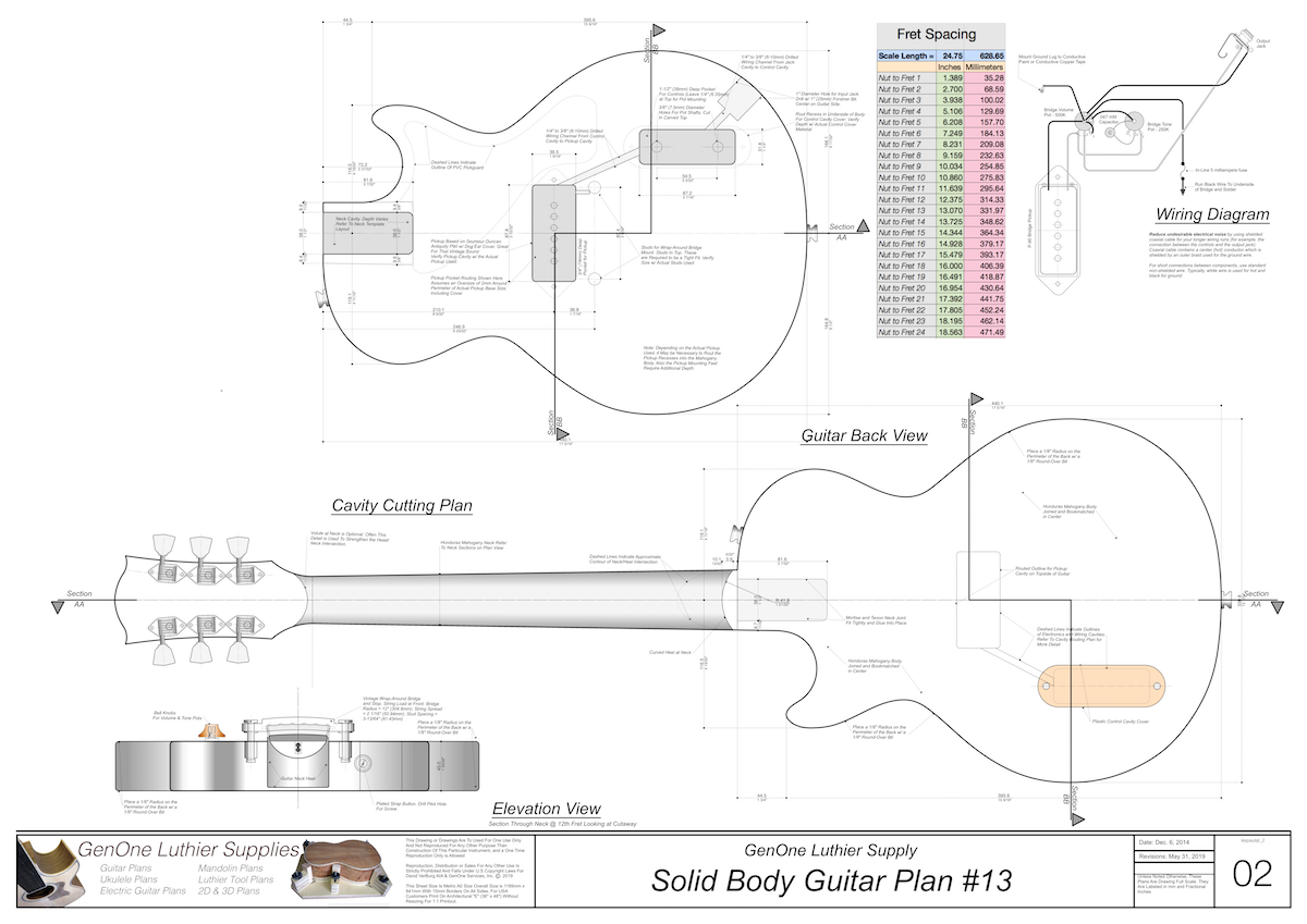 Solid Body Electric Guitar Plan #13 Guitar Top & Side View, Section