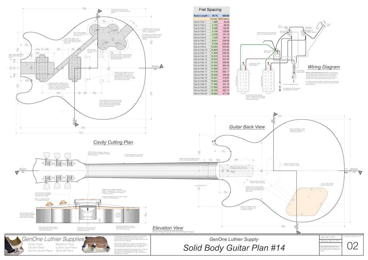Solid Body Electric Guitar Plan #14 Guitar Top & Side View, Section