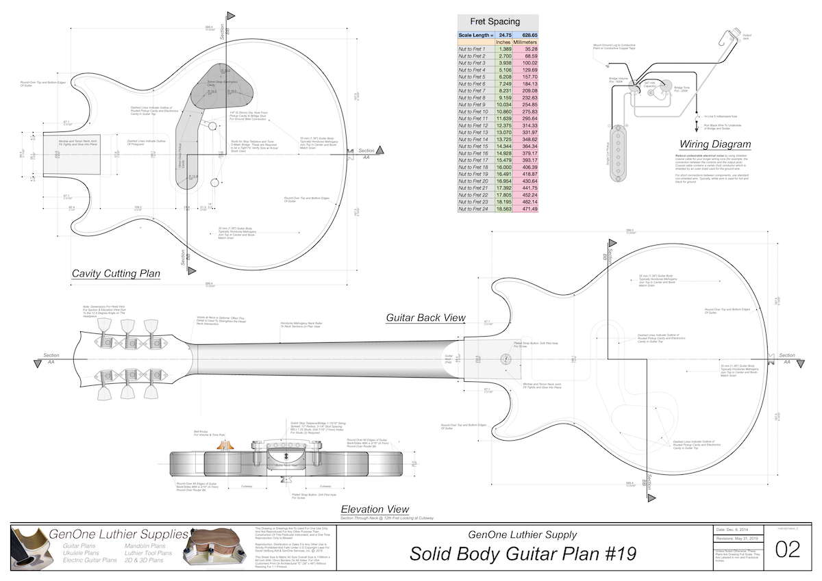 Solid Body Electric Guitar Plan #19 Guitar Top & Side View, Section