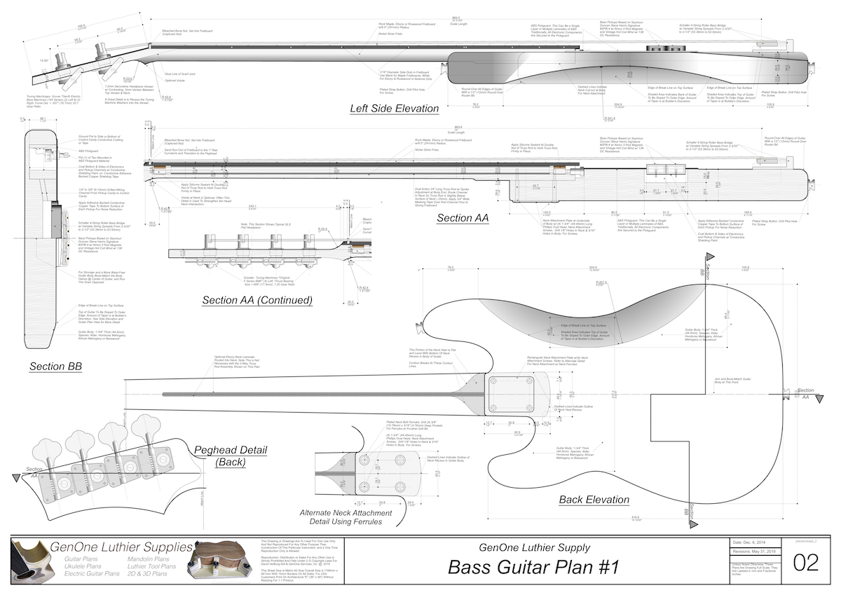Solid Body Electric Bass Guitar Plan #1 guitar top view, cutting template, neck sections, wiring diagram, fret spacing table
