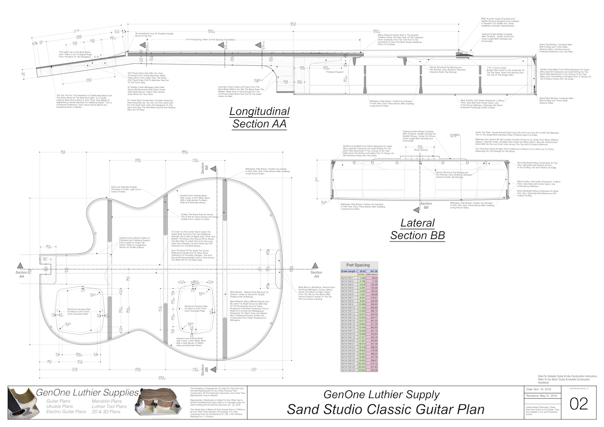 Electric Nylon Guitar Plans - Sand Studio Classic, Guitar Top View, Guitar Side View
