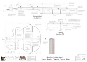 Electric Nylon Guitar Plans - Sand Studio Classic, Laterial & Longitudinal Sections, Back Layout, Fret Spacing Table