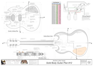 Solid Body Electric Guitar Plan #12 Guitar Back, Cutting Template & Wiring Diagram