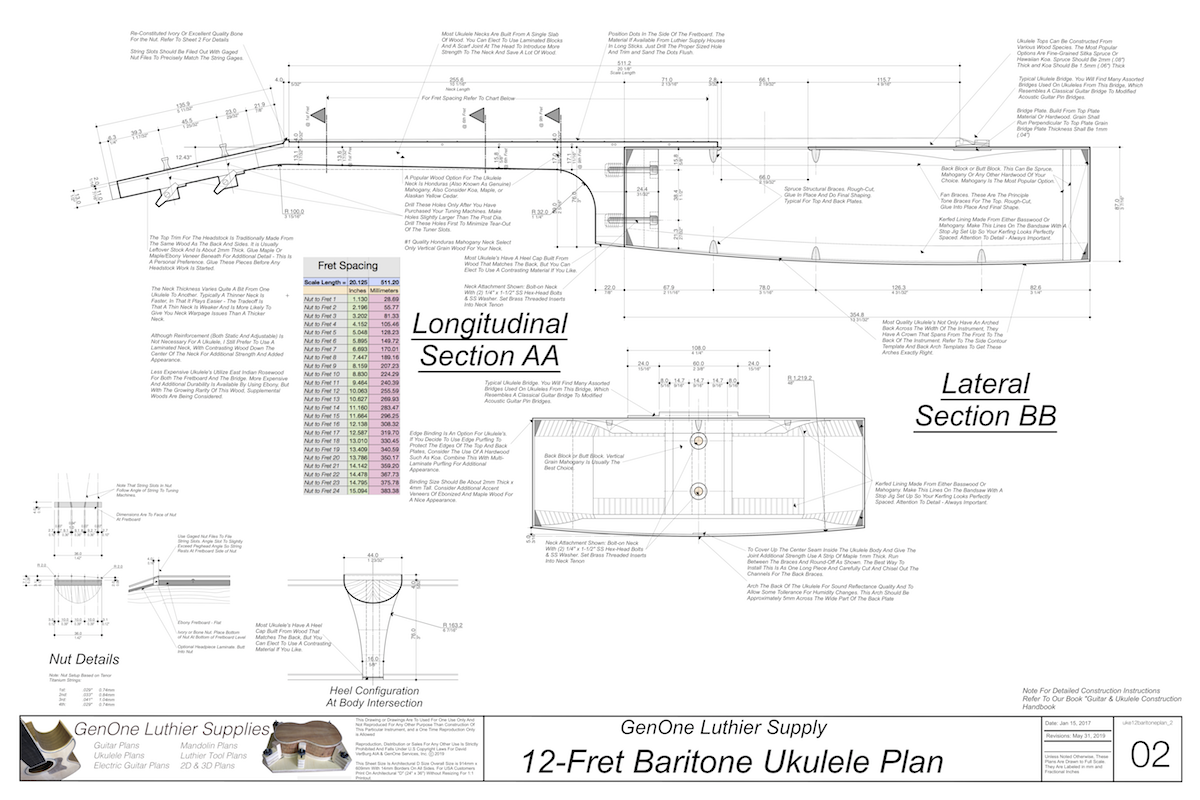 Baritone 12 Ukulele Plans Ukulele Top View, Neck Sections, Notes