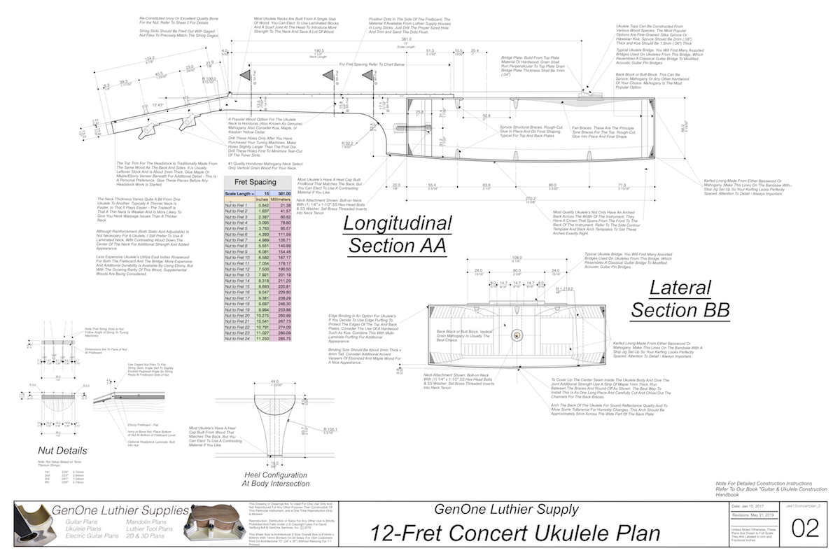 Concert 12 Ukulele Plans Top View, Neck Sections & Purfling Details