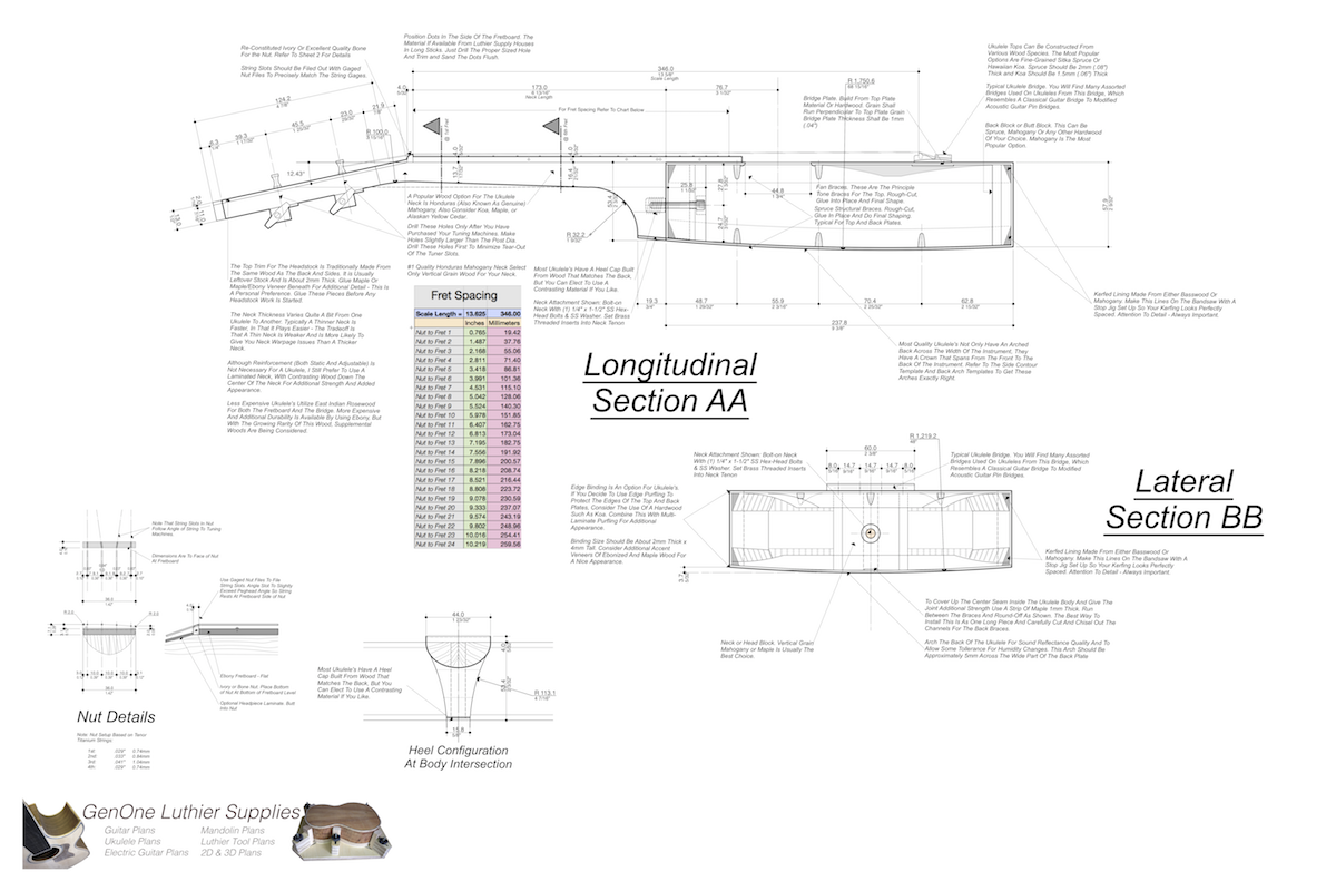 Soprano 12 Ukulele Plans Top View, Neck Sections & Purfling Details