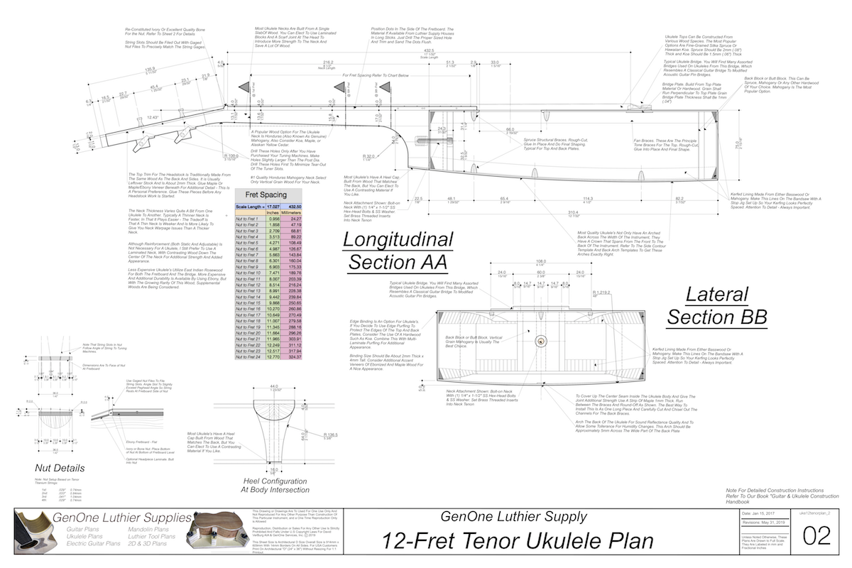 Tenor 12 Ukulele Plans Top View, Neck Sections & Purfling Details