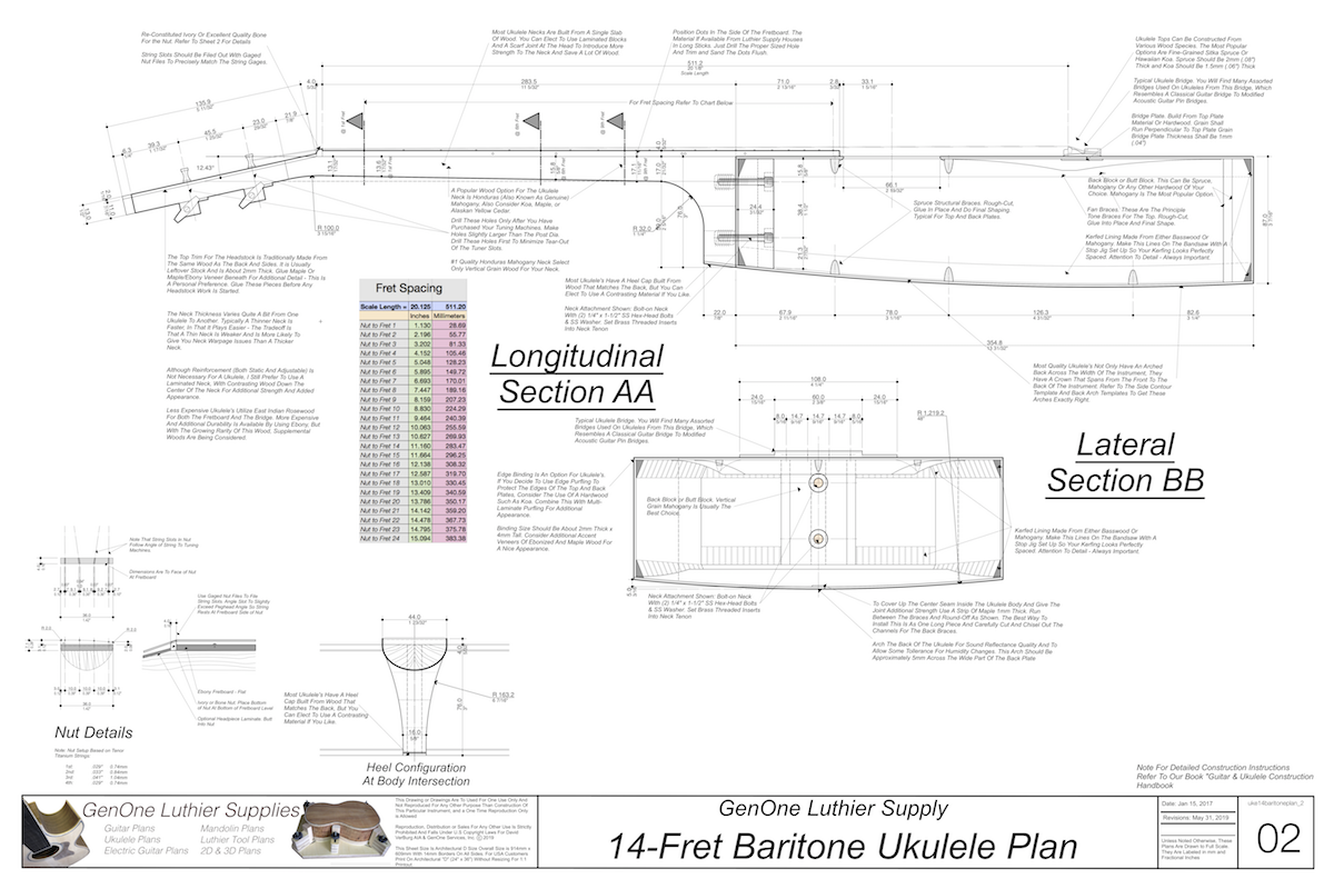 Baratone 14 Ukulele Plans Top View, Neck Sections & Purfling Details
