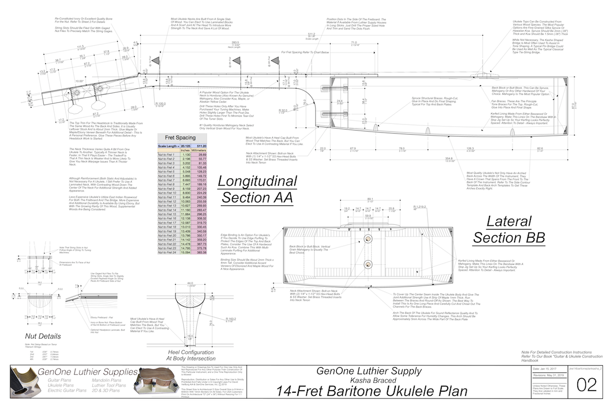 Baritone 14 Kasha Braced Ukulele Plans Ukulele Top View, Neck Sections, Notes