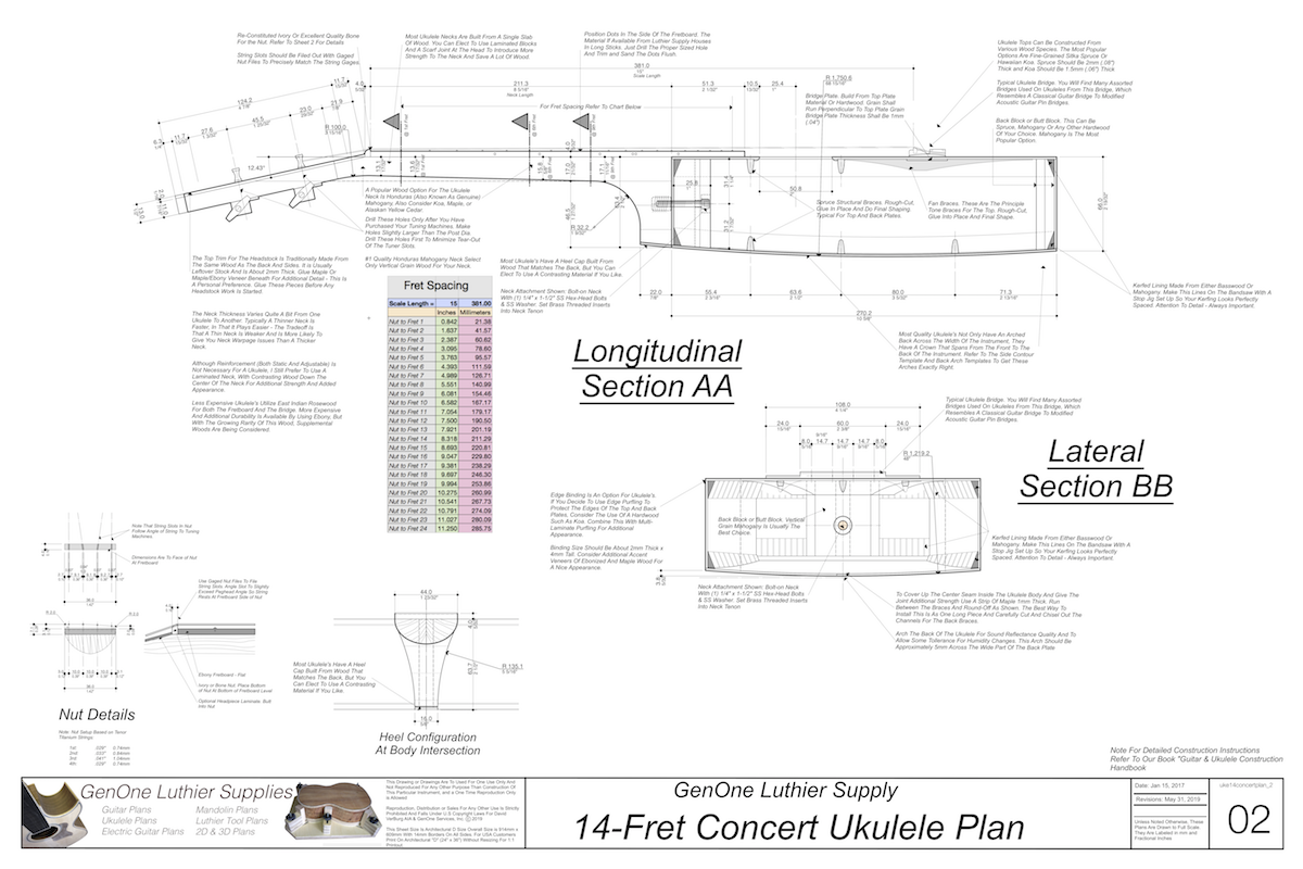 Concert 14 Ukulele Plans Top View, Neck Sections & Purfling Details