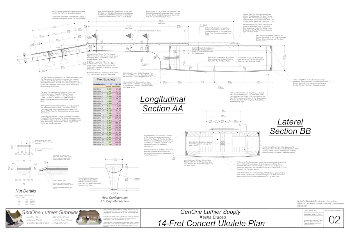 Concert 14 Kasha Braced Ukulele Plans Ukulele Top View, Neck Sections, Notes