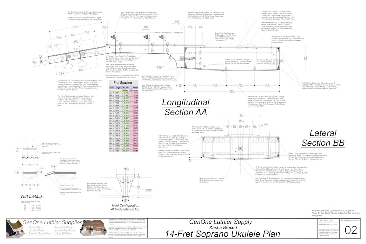 Soprano 14 Kasha Braced Ukulele Plans Ukulele Top View, Neck Sections, Notes