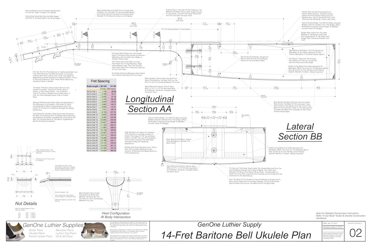 Baritone 14 Bell Ukulele Plans Top View, Neck Sections & Purfling Details